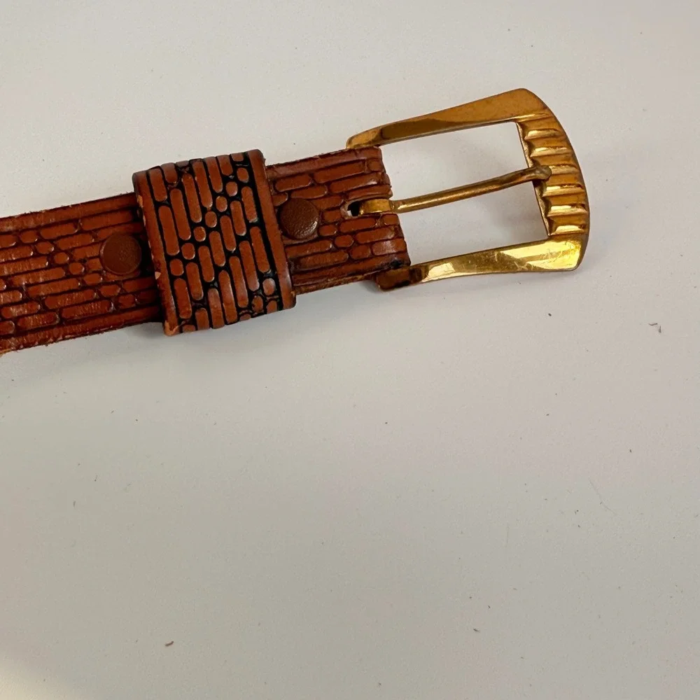 Pioneer Cowhide‎ Hand Stained Leather Belt Brown Embossed Brick Pattern retro 38
